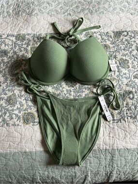 PINK Victoria's Secret Olive Green Textured Bikini Set